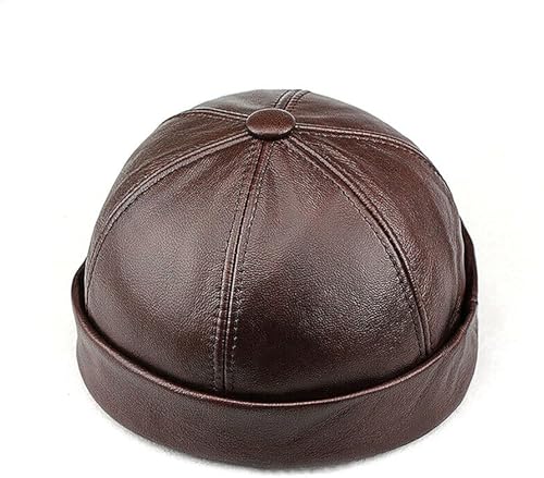 Hehimin Herrenmütze aus echtem Leder, Matrosenmütze, Rollmanschette, Retro, randlos, echtes Leder, Hafenmütze, braun, 60 von Hehimin