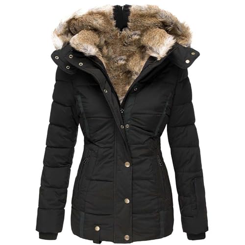 Damen Winter Fashion Duffle Mantel mit Pelzkragen Faux Fur Reverskragen Mantel Zweireiher Trench Mantel Mantel Damen Damen Mantel Schwarz Lang Steppmantel Damen Lang Leicht Wenden Gutschein Digital von Hehiy