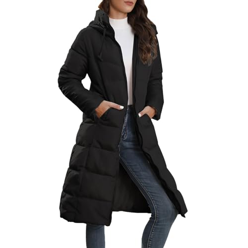 Hehiy Damen Wintermantel warmer Steppmantel lang mit Kapuze Trenchcoat Daunenjacke Damen Kurz Only Mantel Damen Elegant Lang Windbreaker Damen Schwarz von Hehiy