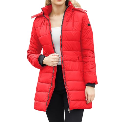 Hehiy Damen Wintermantel warmer Steppmantel lang mit Kapuze Winterjacke Damen Rot College Jacke Damen Rosa Steppjacke Damen Lang Rosa Wintermantel Damen Warm GefüTtert Oversize von Hehiy