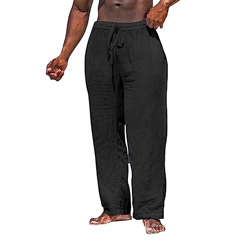 Hehiy Herren Leinenhose Herren Lang Sommerhose Weit Leicht Loose Fit Freizeithose Yoga Urlaub Strandhose mit Kordelzug Laufhose Herren Leinenhose S Baggy Hosen Herren Hip Hop Style von Hehiy