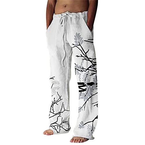 Hehiy Herren Leinenhose Herren Lang Sommerhose Weit Leicht Loose Fit Freizeithose Yoga Urlaub Strandhose mit Kordelzug Leinen Hose Herren Stoffhose Grau Herren Straight Baggy Jogginghose Jungs von Hehiy