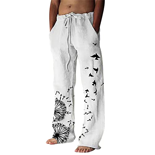 Hehiy Herren Leinenhose Lange Weite Sommerhose Kordelzug Yogahose mit Taschen Luftig Sonnenschutz Strandhose Jogginghose Herren Baggy Leinenhose Herren Lang Dunkelblau Jogginghose Herren Weite Beine von Hehiy