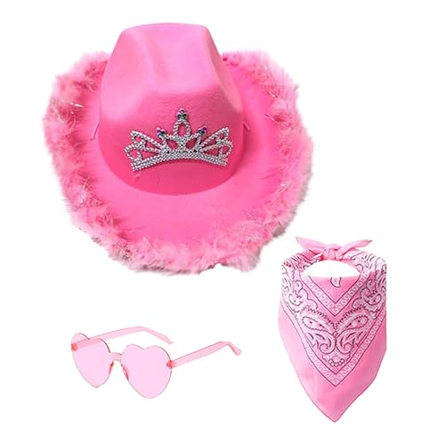 Hehiy Pinker Cowboyhut für Damen, Filz-Western-Cowboyhut mit Halsband, Krone, rosa Cowgirl-Hut, Cosplay-Party-Kostüm-Zubehör, Spielverkleiden für Frauen Cowboy Damen Cowgirl KostüM Pink von Hehiy