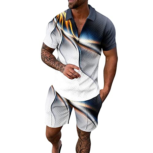 Hehiy Trainingsanzüge Trainingsanzug-Set Business Shirt Polo Hemd + Sporthose Shorts 3D-Digitaldruck Stretch Bund T-Shirt Unisex Jogginganzug Sport Anzug Jogginganzug Herren Set Blau von Hehiy