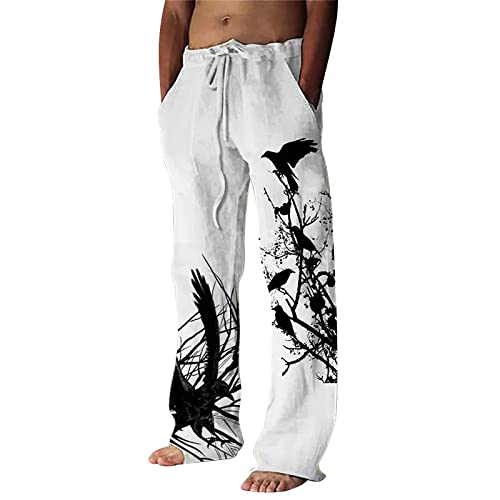 Herren Leinenhose Lange Weite Sommerhose Kordelzug Yogahose mit Taschen Luftig Sonnenschutz Strandhose Jogginghose Herren Ohne BüNdchen Stoffhose Herren Regular Fit Herren Jogginghose Lang Bedruckt von Hehiy