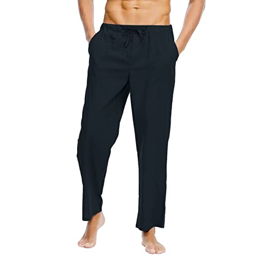 Leinen Hose Herren Lang Herren-Hosen Leinenhose Herren Lang mit Taschen Elastischer Bund Universal Fit Sommerhose Herren Lang Herren Hose Slim Fit Stretch 36/30 Mittelalter Kleidung Herren Hosen von Hehiy