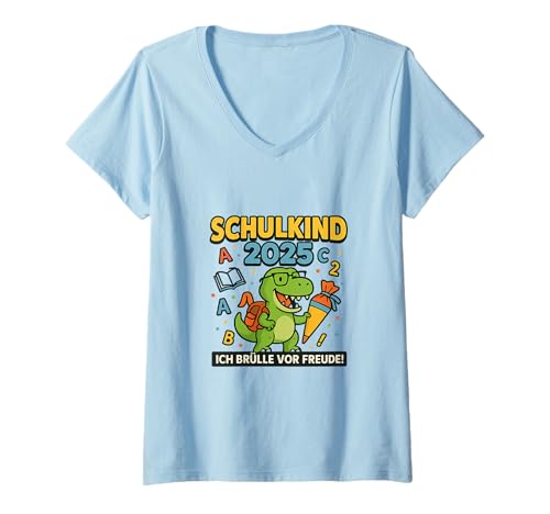 Damen Schulkind 2025 Dinosaurier – Ich brülle vor Freude! T-Shirt mit V-Ausschnitt Damen Schulkind 2025 Dinosaurier – Ich brülle vor Freude! T-Shirt mit V-Ausschnitt von Heidarleiki Kunterbunt mit Dino zur Einschulung