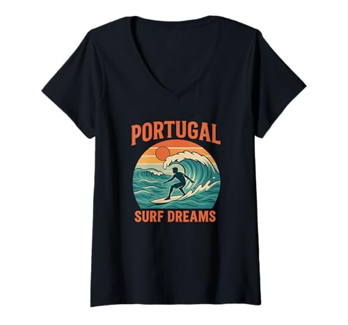 Damen Portugal Surf Dreams – Vintage Surfing Design für Surfer T-Shirt mit V-Ausschnitt Damen Portugal Surf Dreams – Vintage Surfing Design für Surfer T-Shirt mit V-Ausschnitt von Heidarleiki Surfing Design