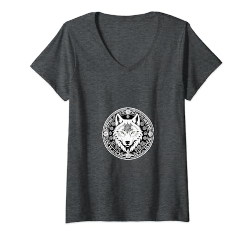 Damen Nordisches Wolfssymbol T-Shirt mit V-Ausschnitt Damen Nordisches Wolfssymbol T-Shirt mit V-Ausschnitt von Heidentum Art