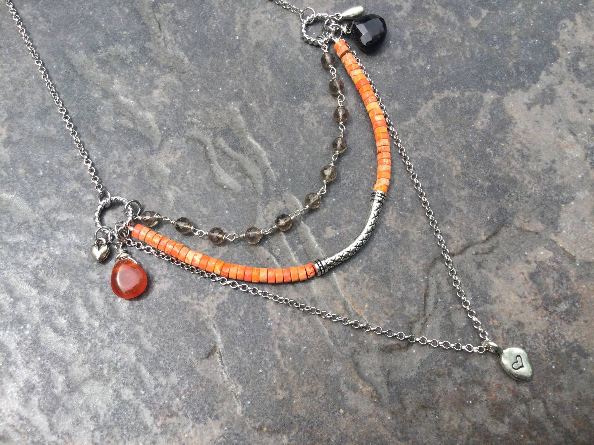 Abend Herbstfarben Rauchquarz Multi Strand Halskette Mit Orange Sea Sediment Jaspis Perlen 18 "'mit 3 "'extender Layered Abend Herbstfarben Rauchquarz Multi Strand Halskette Mit Orange Sea Sediment Jaspis Perlen 18 "'mit 3 "'extender Layered von HeidiDiCesareDesigns