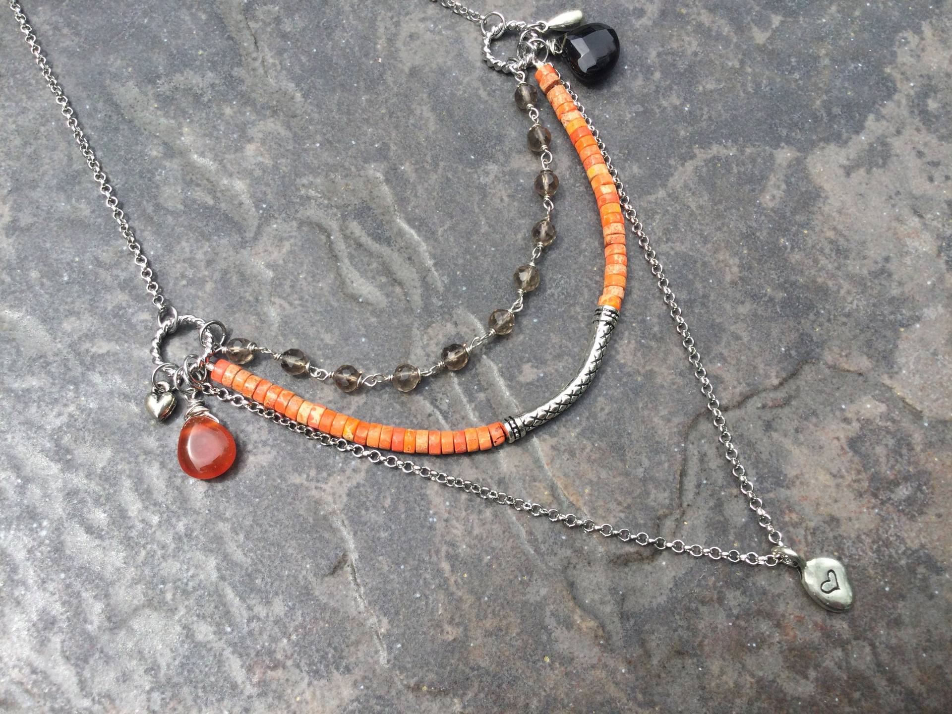 Abend Herbstfarben Rauchquarz Multi Strand Halskette Mit Orange Sea Sediment Jaspis Perlen 18 "'mit 3 "'extender Layered Abend Herbstfarben Rauchquarz Multi Strand Halskette Mit Orange Sea Sediment Jaspis Perlen 18 "'mit 3 "'extender Layered von HeidiDiCesareDesigns