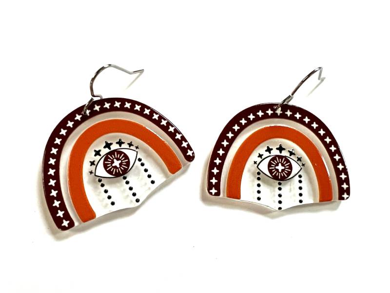 Regenbogen Ohrringe Ohrhänger Resin Statement Third Eye Schmuck Geometrisch Unikat Minimalistisch Gelb Rost Farbe Tropfen Ohrring von HeidiKindFinds