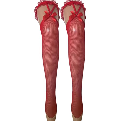 1-Paar Netzstrümpfe Halterlos,Rot Schleife Strapsstrümpfe,Nylonstrümpfe Damen,Overknee Fishnets Stockings,Sexy Sparkly Strape Spitzenstrümpfe,Schleifenstrümpfe,Netz Halterlose Strumpfhalter für Women von HeigeSeng