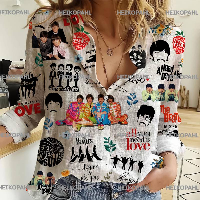 Die Beatles-Musik 3D All Over Print Freizeithemd, Blusen Für Frauen, Die Beatles-Frauen-Leinenhemd, Lässiges Langarm-Button-Down-Hemd von HeikoPahl