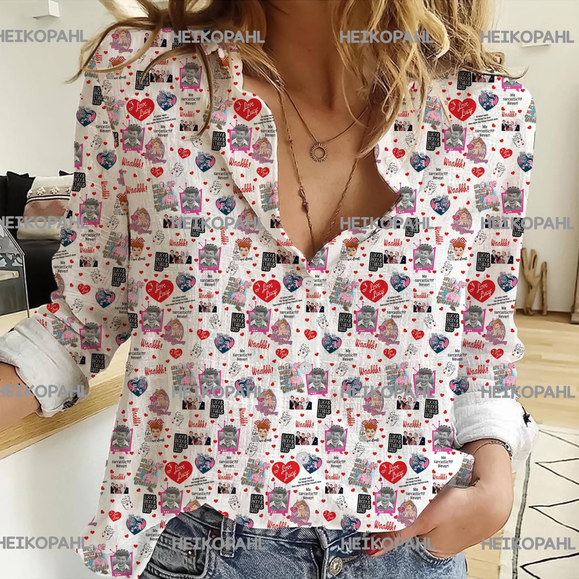 Ich Liebe Lucy 3D All Over Print Frauen Freizeithemd, Blusen Für Frauen, I Love Leinenhemd, Lässiges Langarm Hemd Mit Knöpfen von HeikoPahl