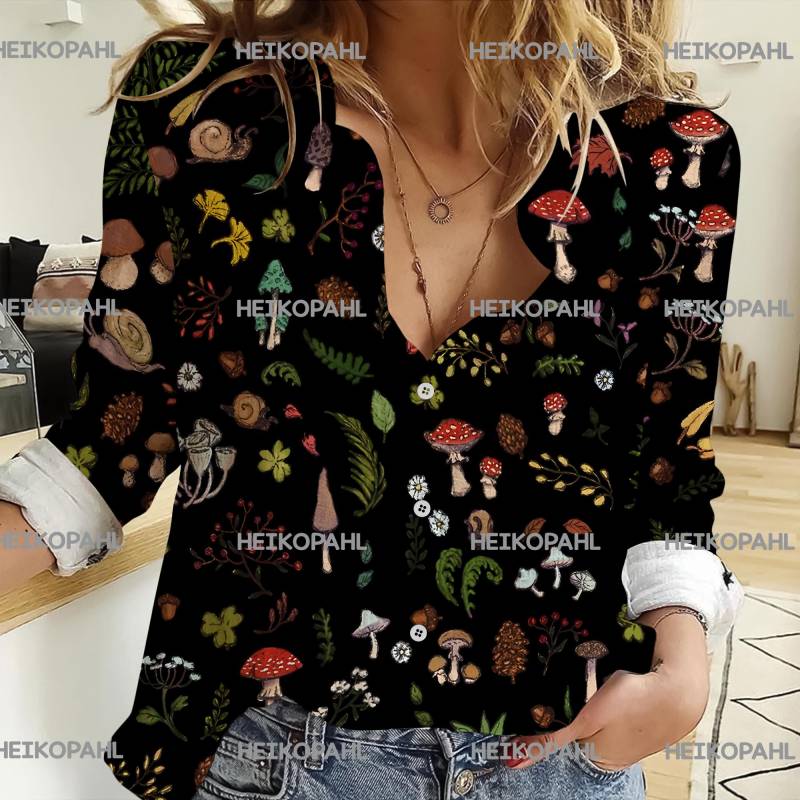 Pilz 3D All Over Print Frauen Freizeithemd, Leinenhemd, Casual Langarm Shirt, Blusen Für von HeikoPahl