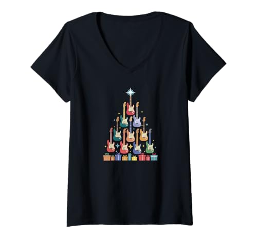 Damen Weihnachten Gitarre Weihnachtsbaum aus Gitarren Weihnachts T-Shirt mit V-Ausschnitt Damen Weihnachten Gitarre Weihnachtsbaum aus Gitarren Weihnachts T-Shirt mit V-Ausschnitt von Heiligabend und Weihnachtsfeiertag Designs