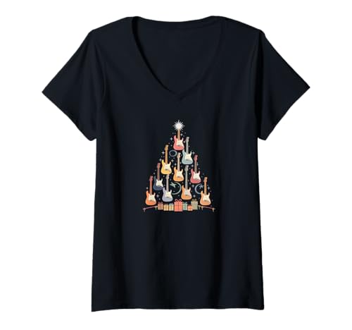 Damen Weihnachten Gitarre Weihnachtsbaum aus Gitarren Weihnachts T-Shirt mit V-Ausschnitt Damen Weihnachten Gitarre Weihnachtsbaum aus Gitarren Weihnachts T-Shirt mit V-Ausschnitt von Heiligabend und Weihnachtsfeiertag Designs