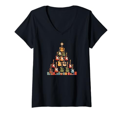 Damen Weihnachten Gitarre Weihnachtsbaum aus Gitarren Weihnachts T-Shirt mit V-Ausschnitt Damen Weihnachten Gitarre Weihnachtsbaum aus Gitarren Weihnachts T-Shirt mit V-Ausschnitt von Heiligabend und Weihnachtsfeiertag Designs