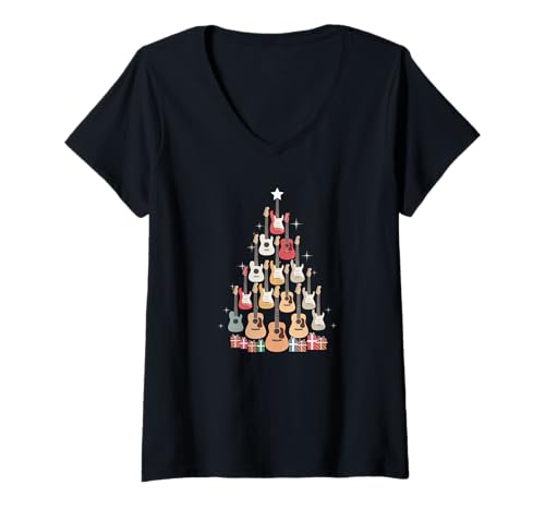 Damen Weihnachten Gitarre Weihnachtsbaum aus Gitarren Weihnachts T-Shirt mit V-Ausschnitt Damen Weihnachten Gitarre Weihnachtsbaum aus Gitarren Weihnachts T-Shirt mit V-Ausschnitt von Heiligabend und Weihnachtsfeiertag Designs