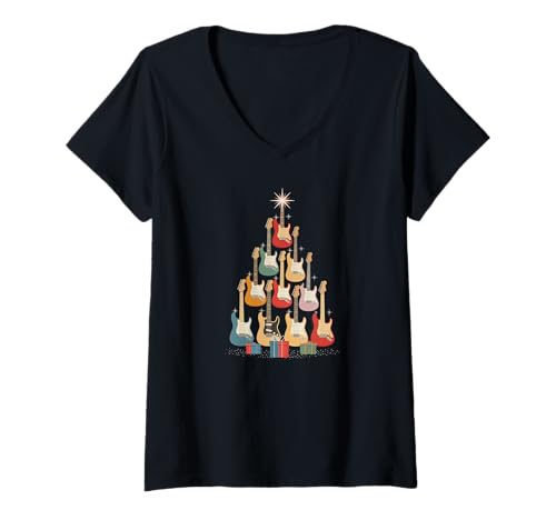 Damen Weihnachten Gitarre Weihnachtsbaum aus Gitarren Weihnachts T-Shirt mit V-Ausschnitt Damen Weihnachten Gitarre Weihnachtsbaum aus Gitarren Weihnachts T-Shirt mit V-Ausschnitt von Heiligabend und Weihnachtsfeiertag Designs