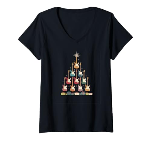 Damen Weihnachten Gitarre Weihnachtsbaum aus Gitarren Weihnachts T-Shirt mit V-Ausschnitt Damen Weihnachten Gitarre Weihnachtsbaum aus Gitarren Weihnachts T-Shirt mit V-Ausschnitt von Heiligabend und Weihnachtsfeiertag Designs
