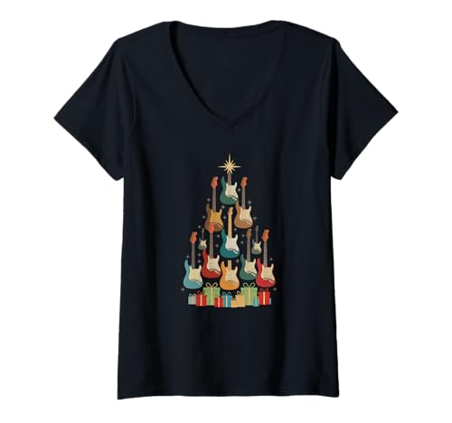 Damen Weihnachten Gitarre Weihnachtsbaum aus Gitarren Weihnachts T-Shirt mit V-Ausschnitt Damen Weihnachten Gitarre Weihnachtsbaum aus Gitarren Weihnachts T-Shirt mit V-Ausschnitt von Heiligabend und Weihnachtsfeiertag Designs