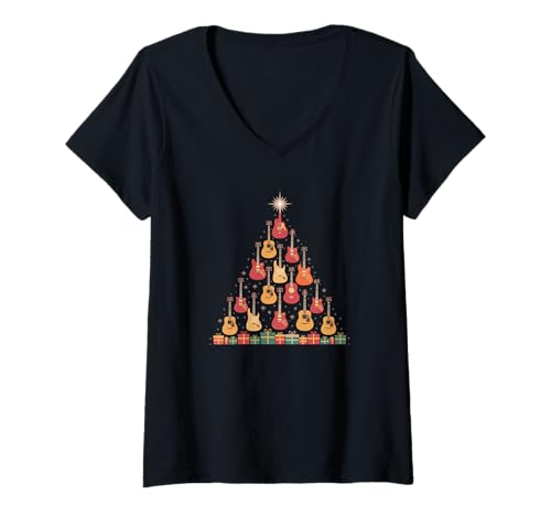 Damen Weihnachten Gitarre Weihnachtsbaum aus Gitarren Weihnachts T-Shirt mit V-Ausschnitt Damen Weihnachten Gitarre Weihnachtsbaum aus Gitarren Weihnachts T-Shirt mit V-Ausschnitt von Heiligabend und Weihnachtsfeiertag Designs