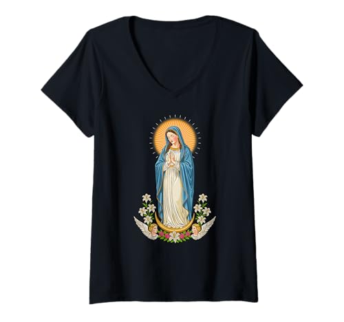 Damen Jungfrau Maria Christliche Kunst T-Shirt mit V-Ausschnitt Damen Jungfrau Maria Christliche Kunst T-Shirt mit V-Ausschnitt von Heilige Jungfrau Maria Religiöse Designs