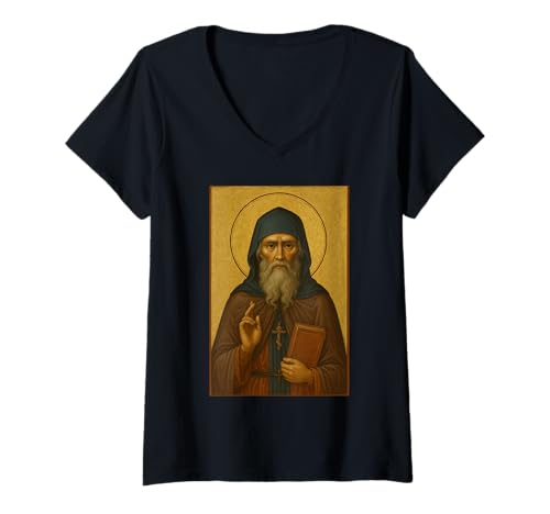 Damen Orthodoxe Ikone von St. Herman aus Alaska T-Shirt mit V-Ausschnitt Damen Orthodoxe Ikone von St. Herman aus Alaska T-Shirt mit V-Ausschnitt von Heiliger Herman von Alaska Ikone