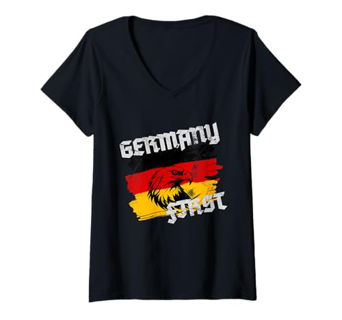 Damen GERMANY FIRST Vintage Adler Schwarz - Rot - Gold Geschenk T-Shirt mit V-Ausschnitt Damen GERMANY FIRST Vintage Adler Schwarz - Rot - Gold Geschenk T-Shirt mit V-Ausschnitt von Heimat Deutschland