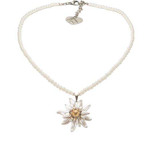 Heimatflüstern Trachtenkette Perle und Strass-Edelweiss 2-farbig - Damen Perlenkette, Dirndlkette fürs Oktoberfest, Trachtenschmuck zur Trachtenbluse und Lederhose (creme-weiß) von Heimatflüstern