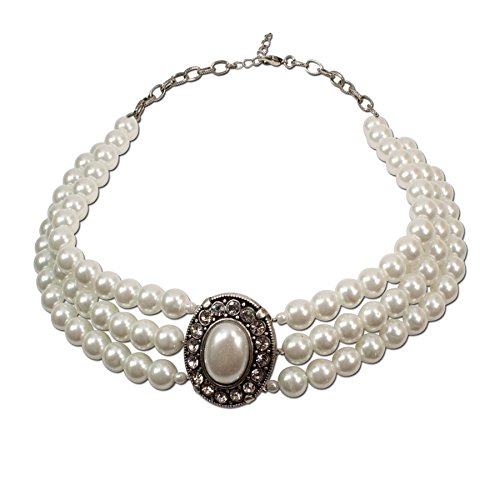 Heimatflüstern Trachtenkette Perlen 3-reihig - Damen Dirndlkette, Perlenkette mit Strass-Steinen für Trachtenbluse und Lederhose, Kropfkette fürs Oktoberfest Dirndl-Schmuck (creme-weiß) von Heimatflüstern