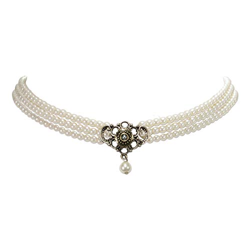 Trachtenkette Perlen 3-reihig mit Metallelement bicolor - Damen Dirndlkette, Perlenkette nostalgisch für trachtenbluse und Lederhose, Dirndl-Schmuck für Oktoberfest, Trachtenschmuck (creme-weiß) von Heimatflüstern