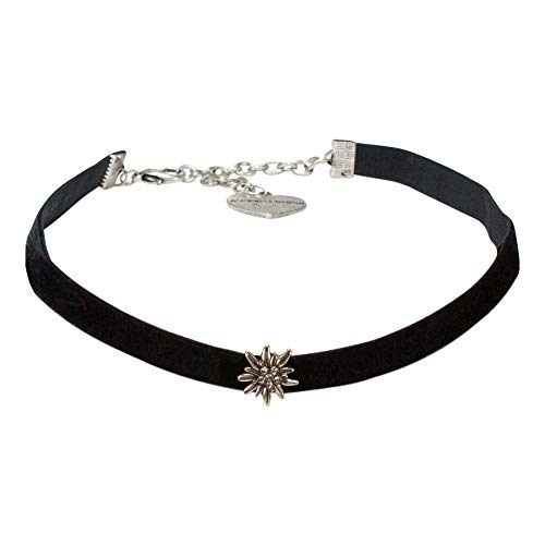 Trachtenkette Samt mit Strass-Edelweiss - Damen Samt-Kropfband enganliegend, Kropfkette elastisch für Trachtenbluse, Dirndlkette breit, Dirndl-Schmuck fürs Oktoberfest, Trachtenschmuck (schwarz) von Heimatflüstern