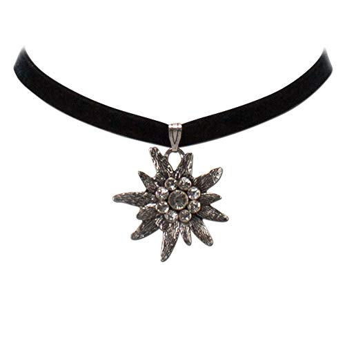 Trachtenkette Samt mit Strass-Edelweiß groß - Damen Samt-Kropfband enganliegend, Kropfkette elastisch, Dirndlkette schmal für Trachtenbluse und Lederhose, Dirndl-Schmuck fürs Oktoberfest (schwarz) von Heimatflüstern