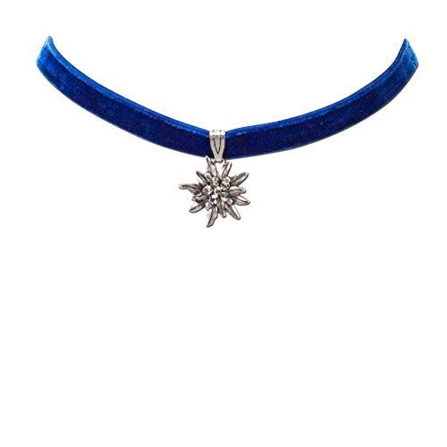 Trachtenkette Samt mit Strass-Edelweiß klein - Damen Samt-Kropfband enganliegend, Kropfkette elastisch, Dirndlkette schmal für Trachtenbluse und Lederhose, Dirndl-Schmuck fürs Oktoberfest (blau) von Heimatflüstern
