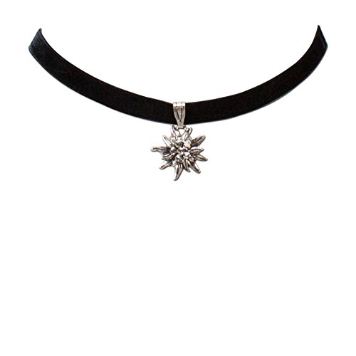 Trachtenkette Samt mit Strass-Edelweiß klein - Damen Samt-Kropfband enganliegend, Kropfkette elastisch, Dirndlkette schmal für Trachtenbluse und Lederhose, Dirndl-Schmuck fürs Oktoberfest (schwarz) von Heimatflüstern