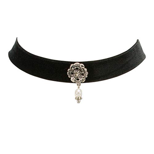 Trachtenkette Samtband Ornament mit Perle - Damen Samt-Kropfband Kristallstein enganliegend, Kropfkette elastisch für Trachtenbluse, Dirndlkette breit, Dirndl-Schmuck Choker zum Oktoberfest (schwarz) von Heimatflüstern