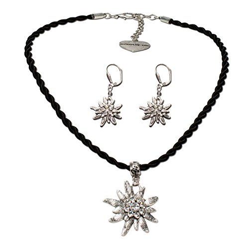 Schmuckset Trachtenkette Kordel und Strass-Edelweiß-Ohrhänger - Damen Kordelkette und Trachtenohrringe, Dirndlkette Strass-Edelweiss zur Trachtenbluse, Oktoberfest, Trachtenschmuck (schwarz) von Heimatflüstern
