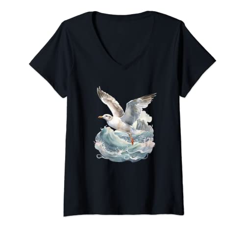 Damen Fliegende Möwe über den Wellen - Aquarell - T-Shirt mit V-Ausschnitt Damen Fliegende Möwe über den Wellen - Aquarell - T-Shirt mit V-Ausschnitt von HeimathafenShop