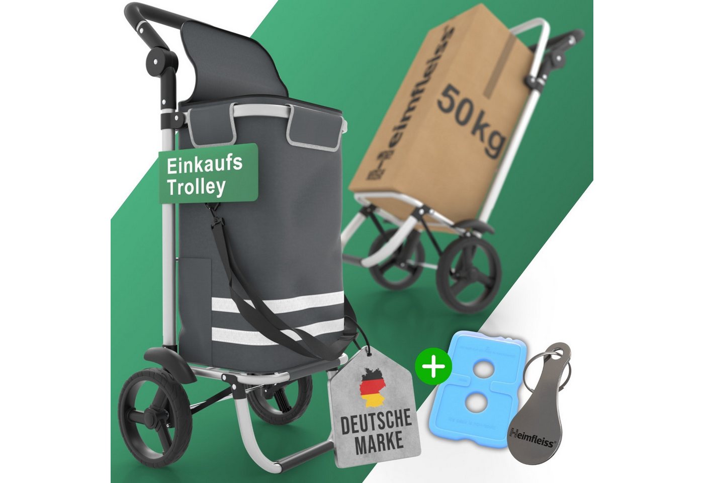 Heimfleiss® Einkaufstrolley Klappbarer Einkaufstrolley mit Kühlfach – 56L, 56 l, Leichter & stabiler Einkaufswagen mit wasserdichter Tasche von Heimfleiss®