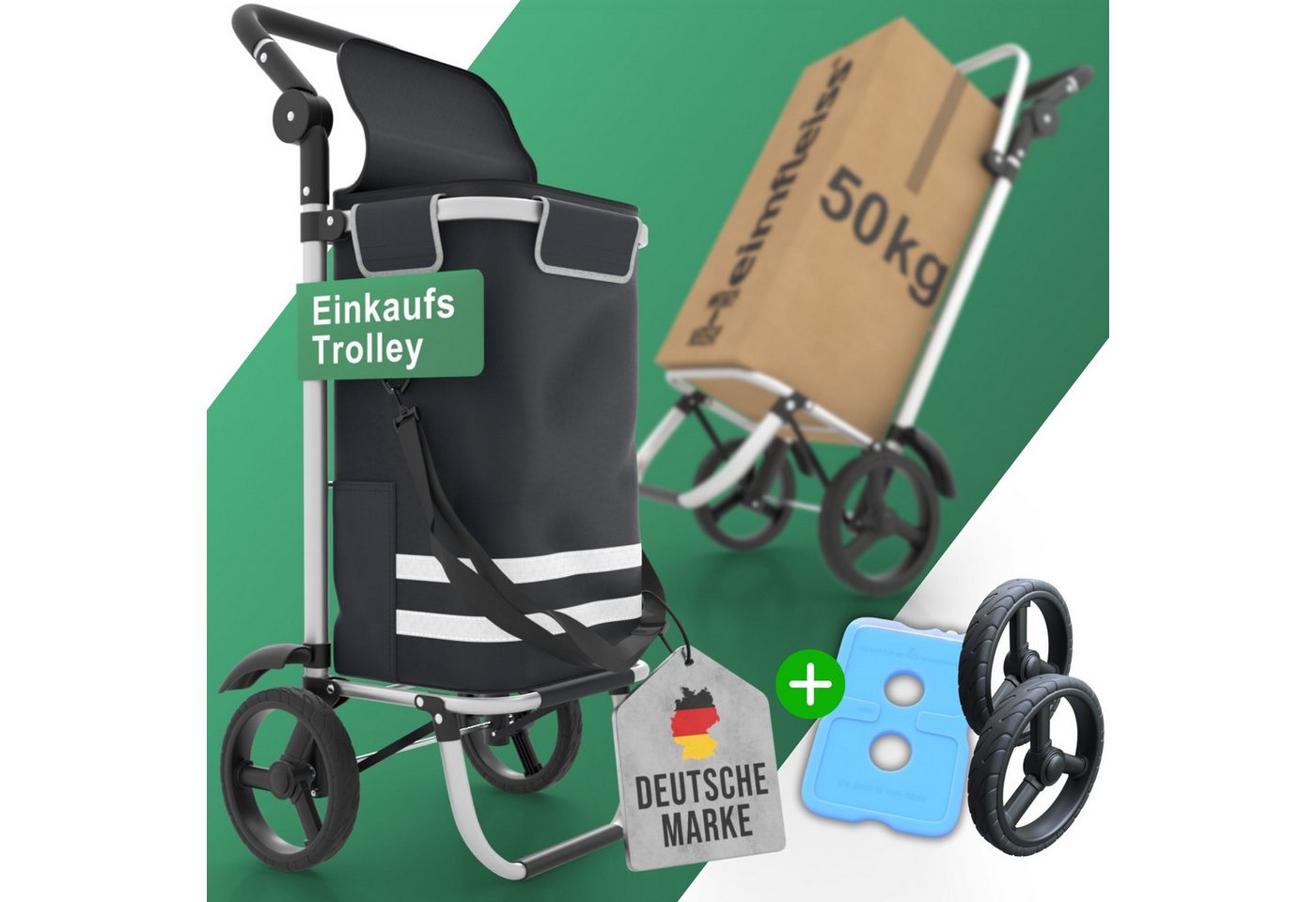 Heimfleiss® Einkaufstrolley Klappbarer Einkaufstrolley mit Kühlfach & Ersatzrädern – 56L, 56 l, Leichter & stabiler Einkaufswagen mit wasserdichter Tasche von Heimfleiss®