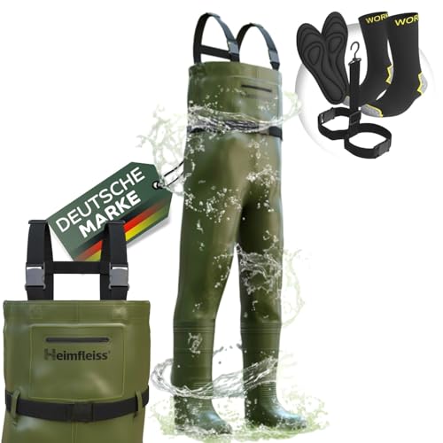 Heimfleiss® Wathose Herren Wasserdicht mit Stiefel (Gr. 44) | Unisex Nylon Anglerhose inkl. Zubehör | Rutschfeste Fischerhose zum Angeln oder zur Teichreinigung | Wader Watthose Teichhose Angelhose von Heimfleiss