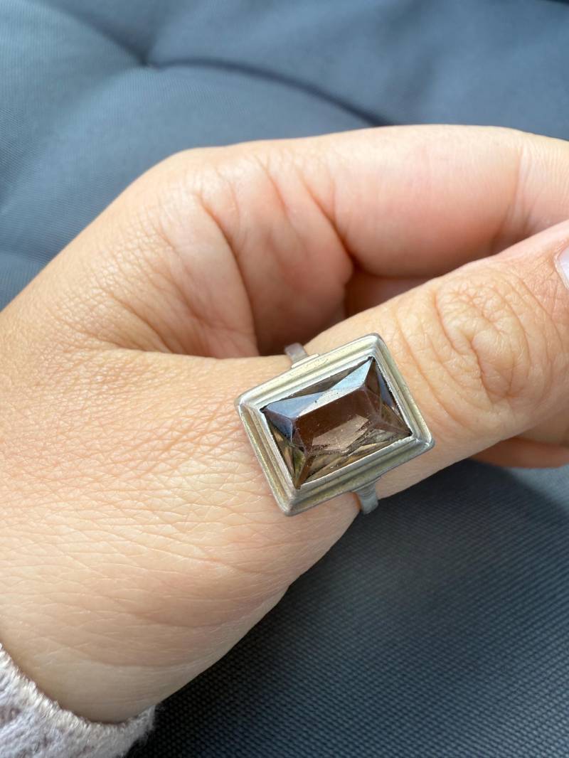 Vintage Rauchquarz Ring Statement Quadrat 835 Sterling Silber Natürlich Einzigartig Handgemacht Groß Braun Schmuck Geschenk Size 19 Ap von HeinrichAntique