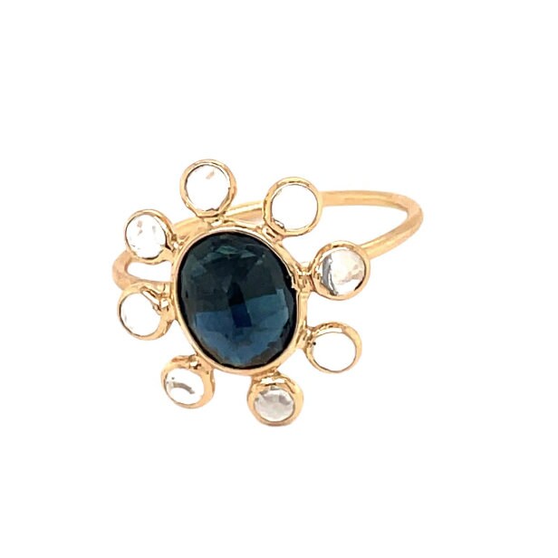 Upside Down - Saphir Ring Mondstein Heiligenschein Rosenschliff Erbstück Pave Zierlicher Blumen Spaß Schmuck 14K Gelb Gold Lünette von HeirloomPave