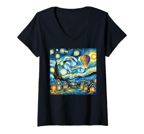 Damen Heißluftballon über Sternennacht Landschaft T-Shirt mit V-Ausschnitt Damen Heißluftballon über Sternennacht Landschaft T-Shirt mit V-Ausschnitt von Heißluftballon Ballonfahren Luftschiff Traum
