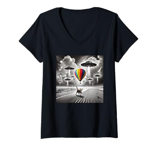 Damen Heißluftballon UFO Katze Am Strand T-Shirt mit V-Ausschnitt Damen Heißluftballon UFO Katze Am Strand T-Shirt mit V-Ausschnitt von Heißluftballon Native Ballonfahrt Katzenliebhaber