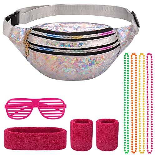 Hejo Gürteltasche Damen Silber PU, 80er Jahre Outfit Damen, wasserdichte 80er 90er Jahre Bauchtasche mit Armbänder, Stirnband, Ketten und Brille für Neon Party, Karneval von Hejo